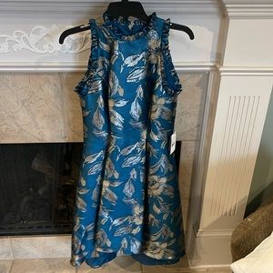 Arianna Papell halter jacquard high low dress. Color is Deep blue/gold.